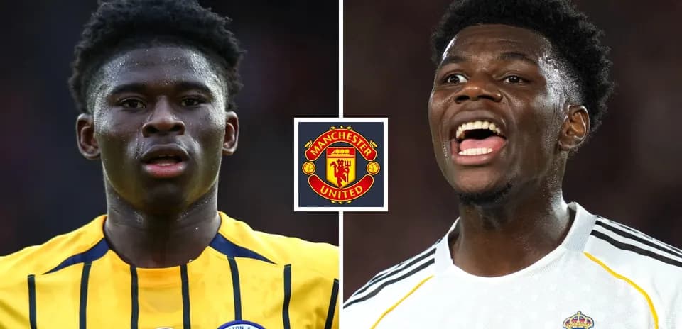 Two football players facing each other with club logos