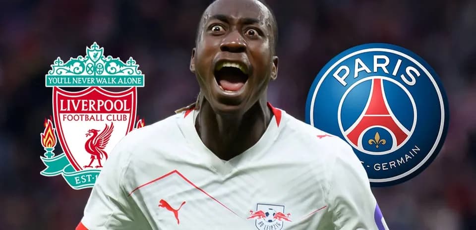 Player celebrating in front of Liverpool and PSG logos