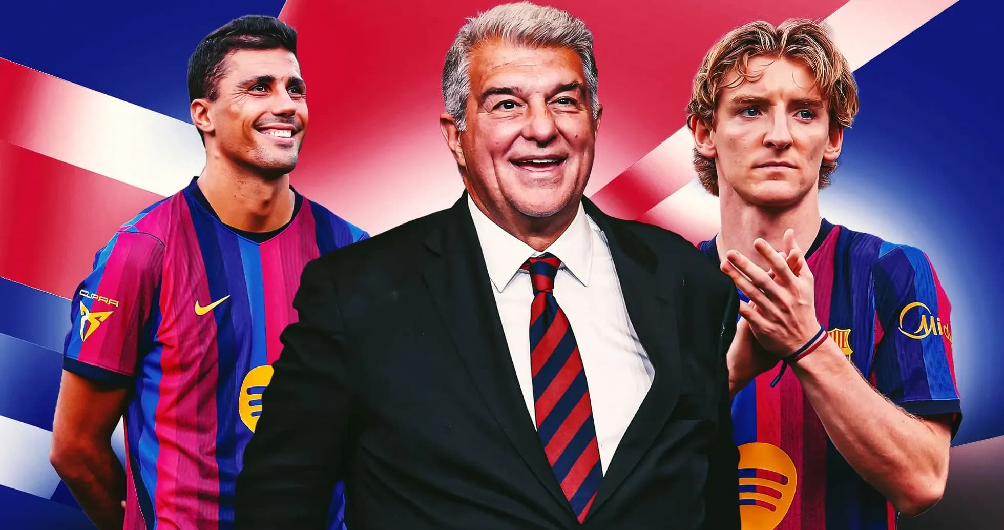 Barcelona players and president with team colors background