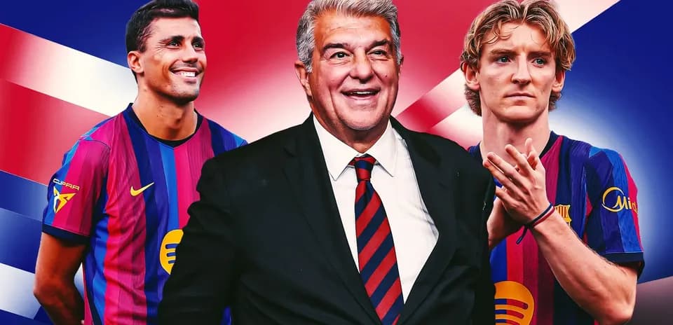 Barcelona players and president with team colors background
