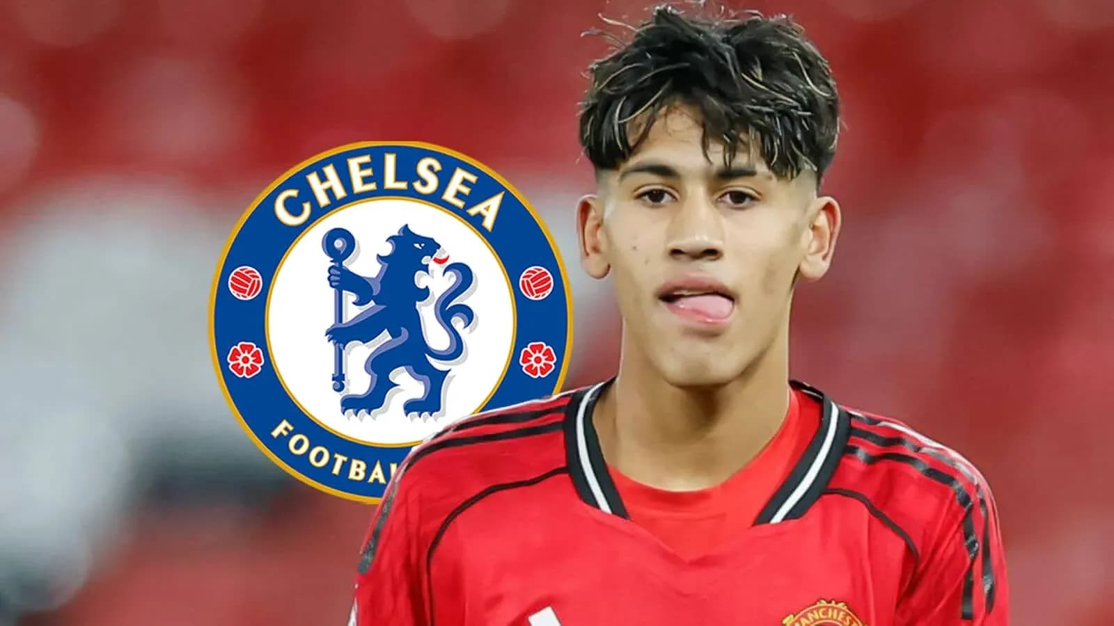 Young player wearing Manchester United kit with Chelsea logo