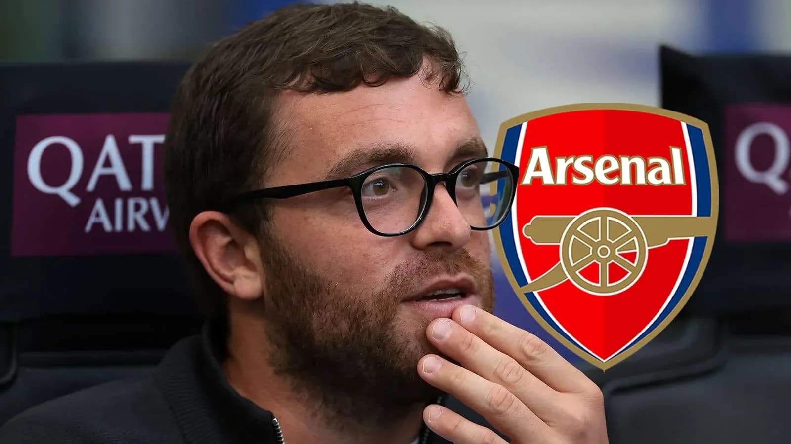 Person with glasses in front of Arsenal logo