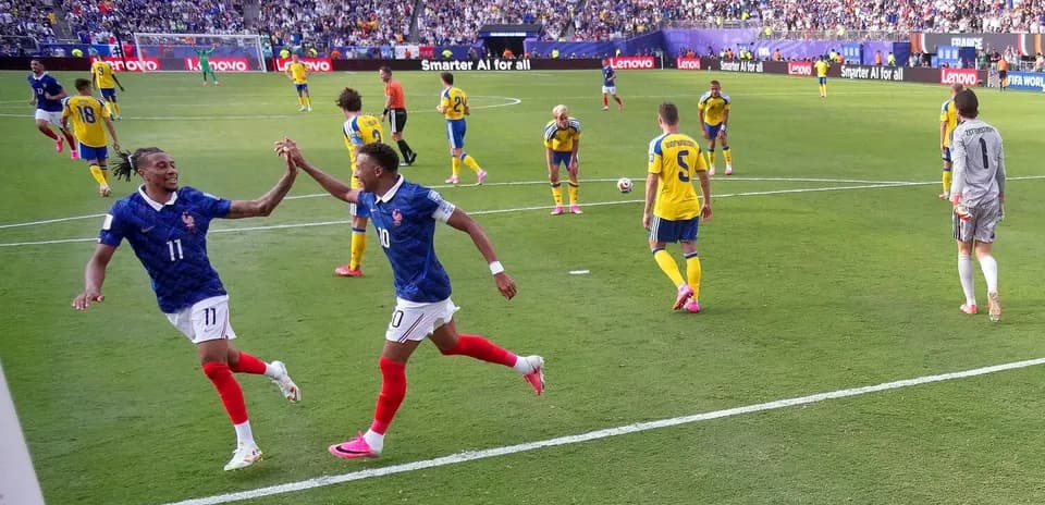 France players celebrating a goal against Sweden