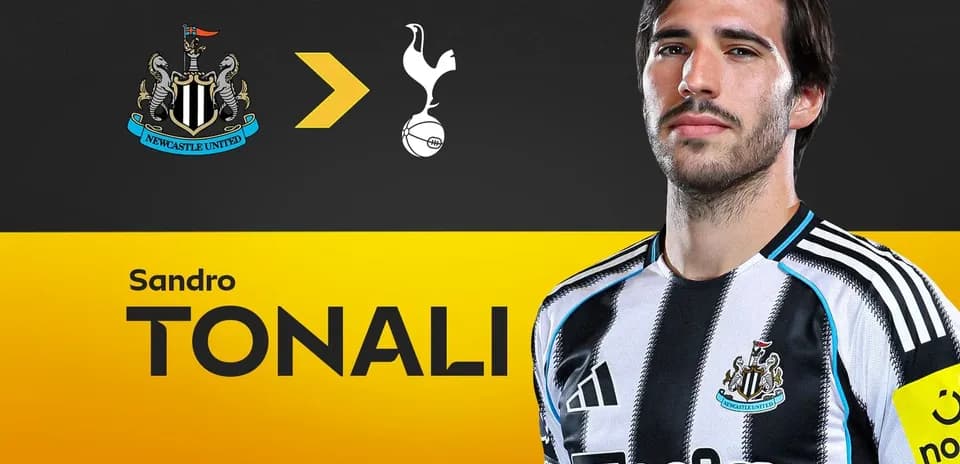 Sandro Tonali in Newcastle United jersey with club logos