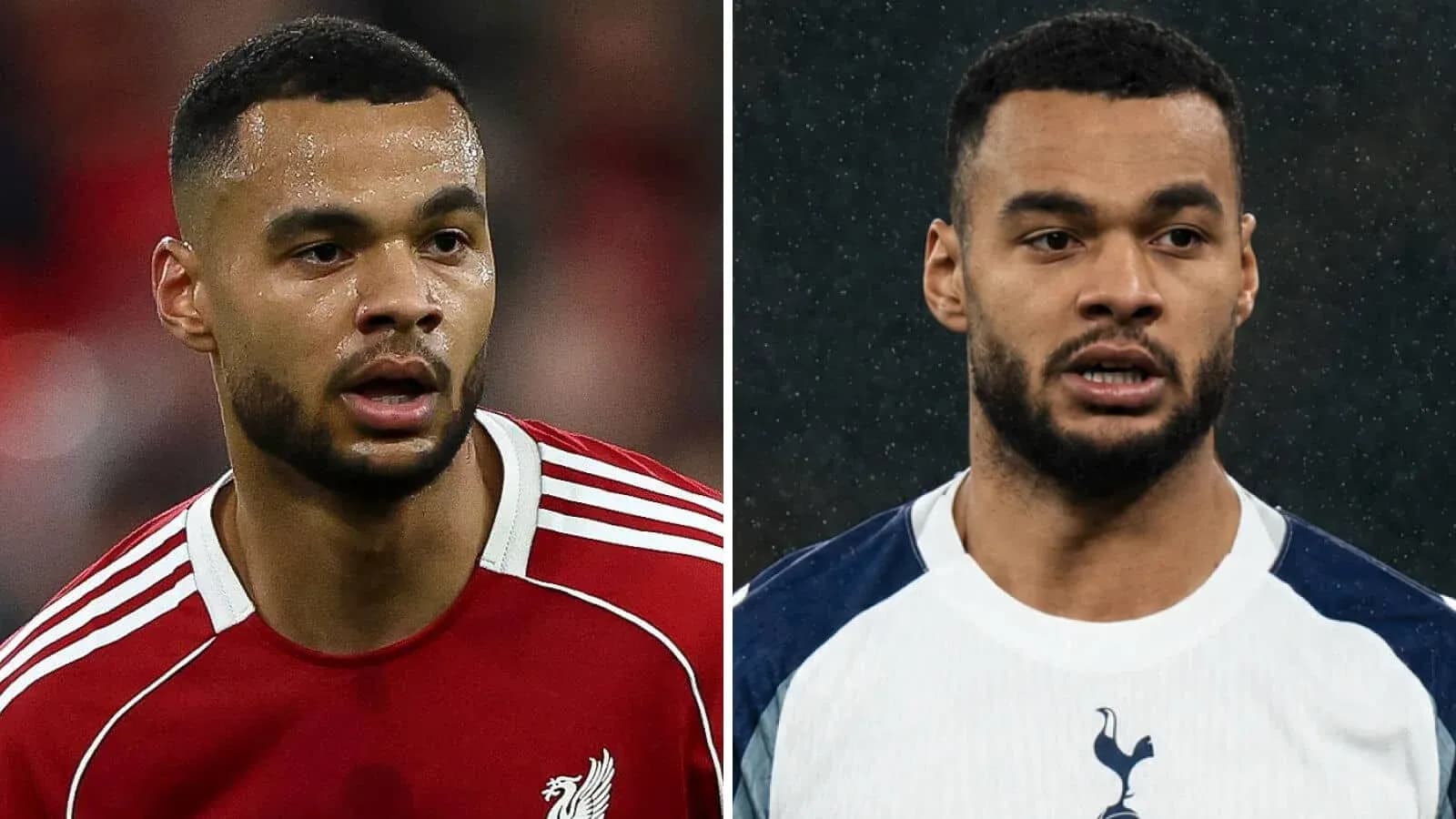 Player in Liverpool and Tottenham jerseys side by side