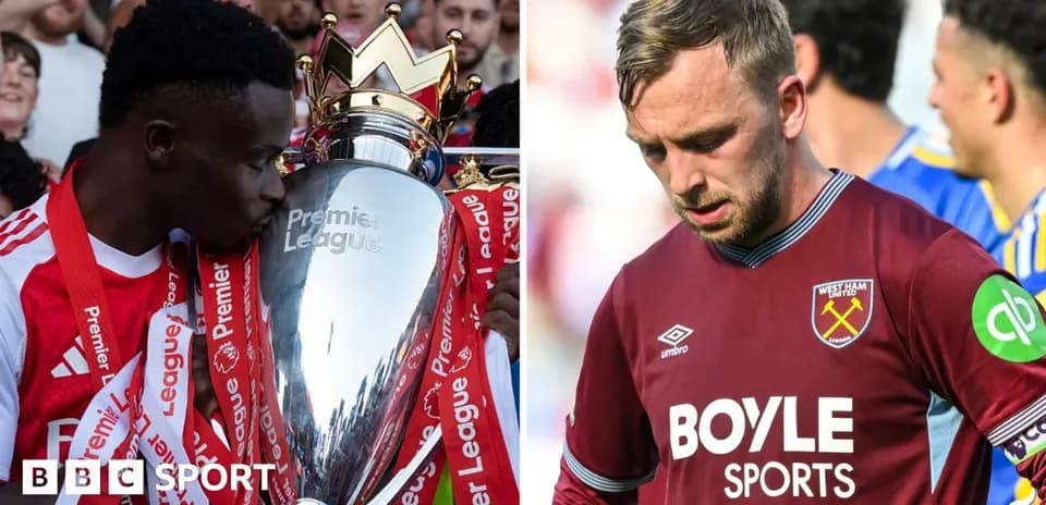Player celebrating with Premier League trophy; another player disappointed