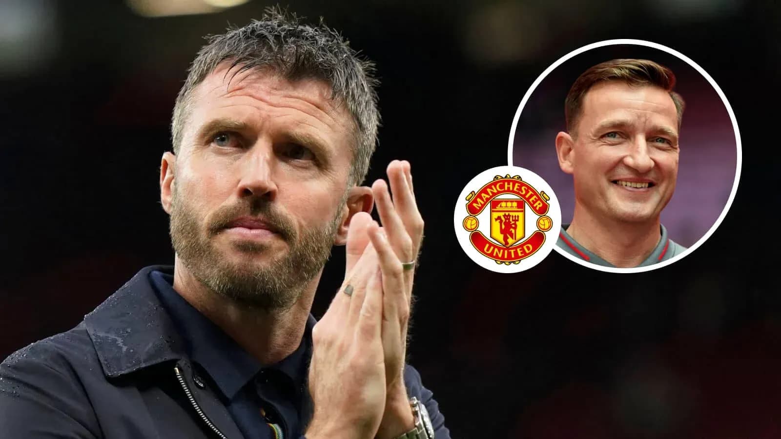 Coach applauding with Manchester United logo in background