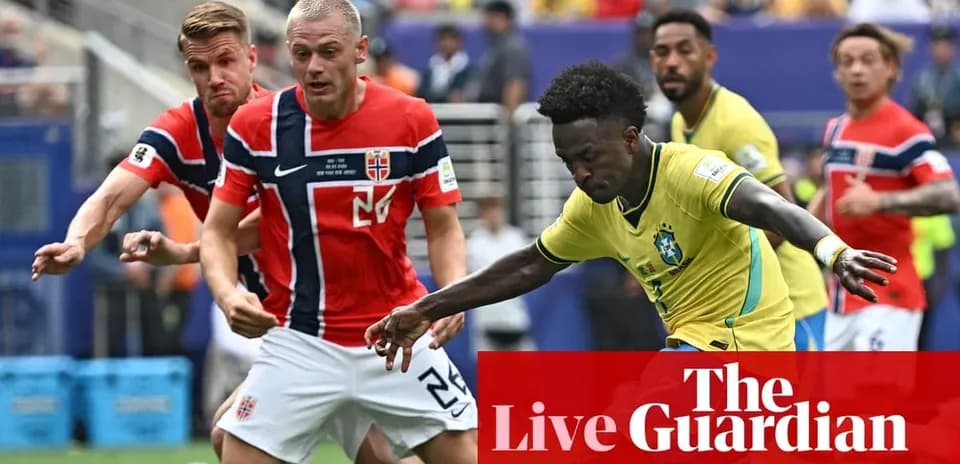 Brazil player dribbling past Norwegian defenders during match