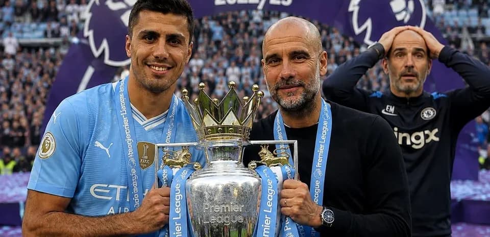 Players celebrating Premier League title with trophy