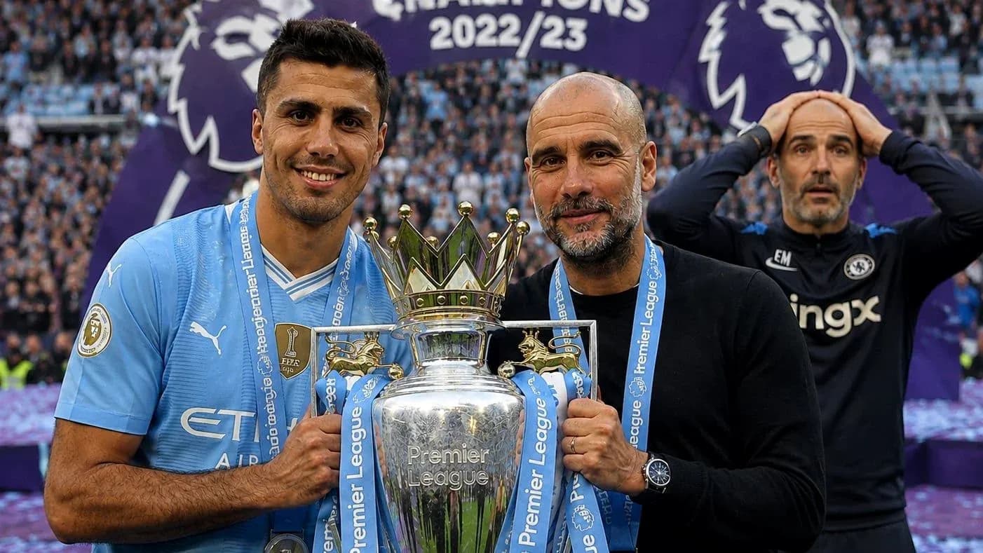 Players celebrating Premier League title with trophy