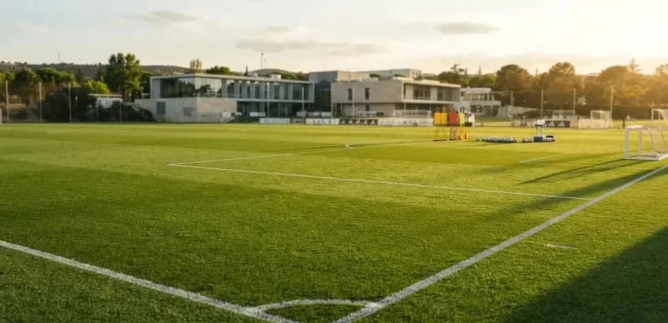 Training pitch with cones and soccer balls arranged