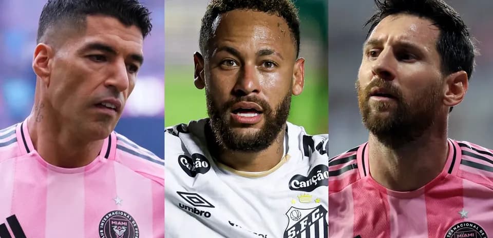 Luis Suárez, Neymar, and Lionel Messi in jerseys