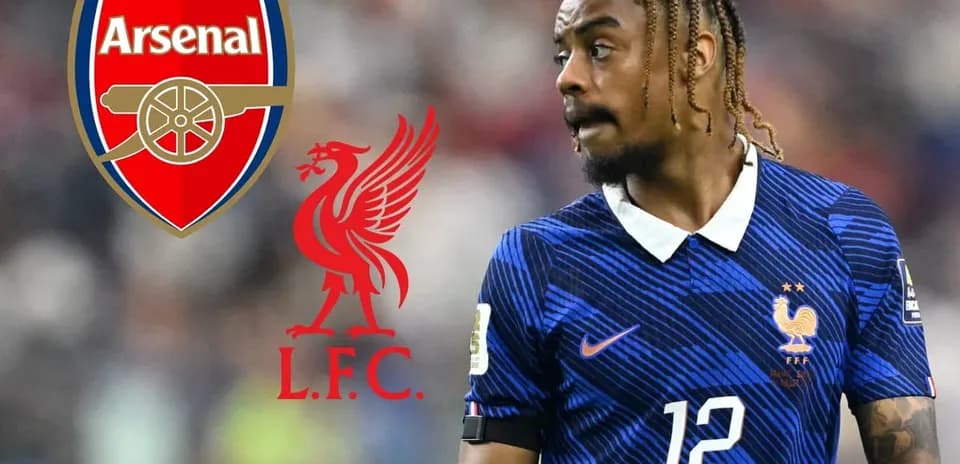 Player in France kit with club logos of Arsenal and Liverpool