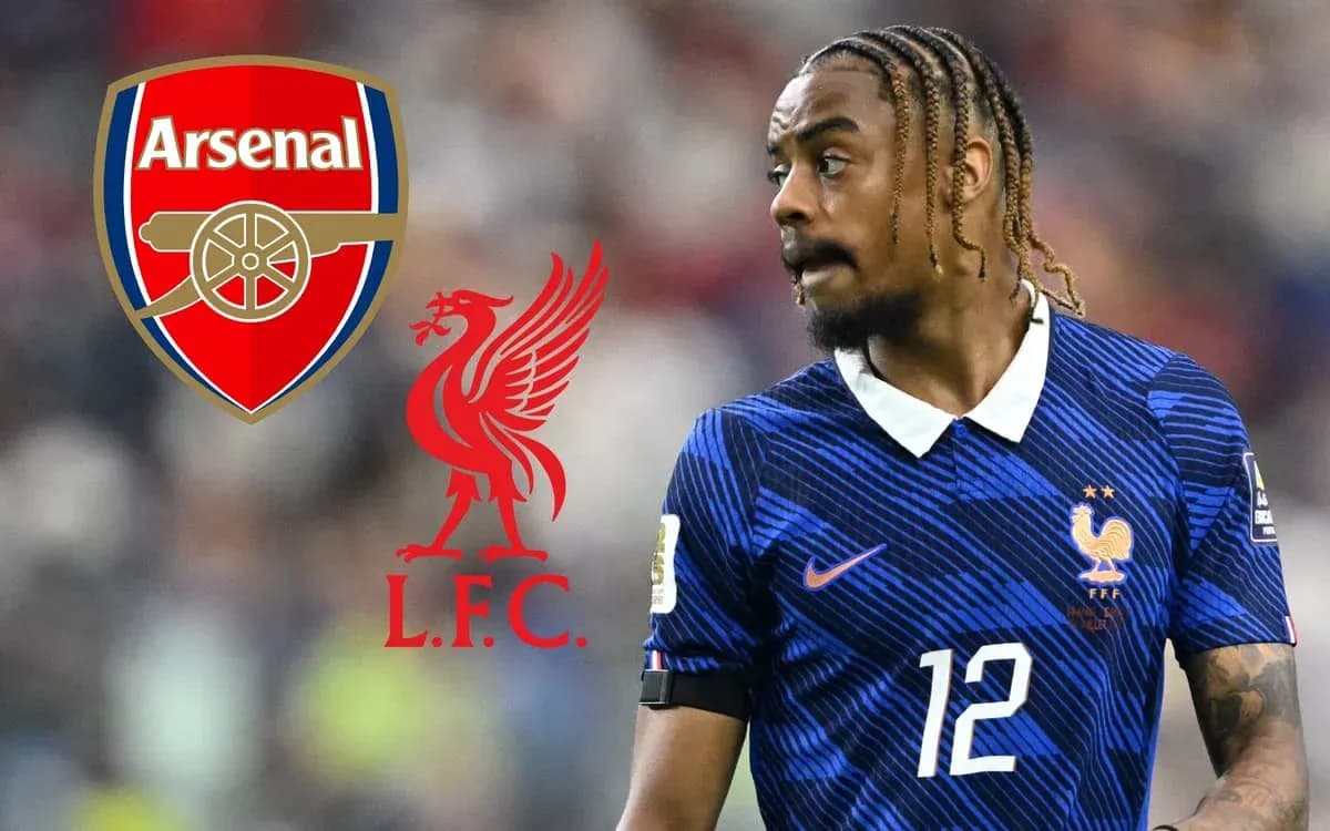 Player in France kit with club logos of Arsenal and Liverpool