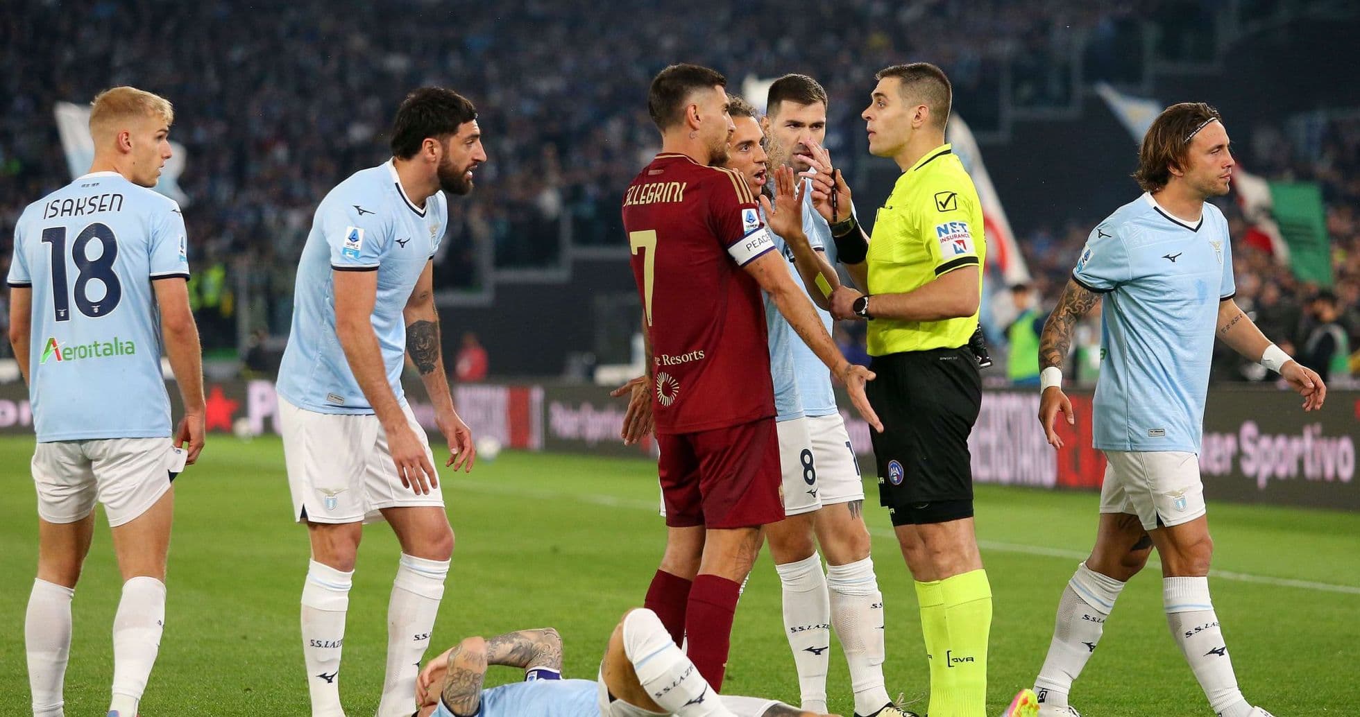 Players arguing with referee during AS Roma vs Lazio match