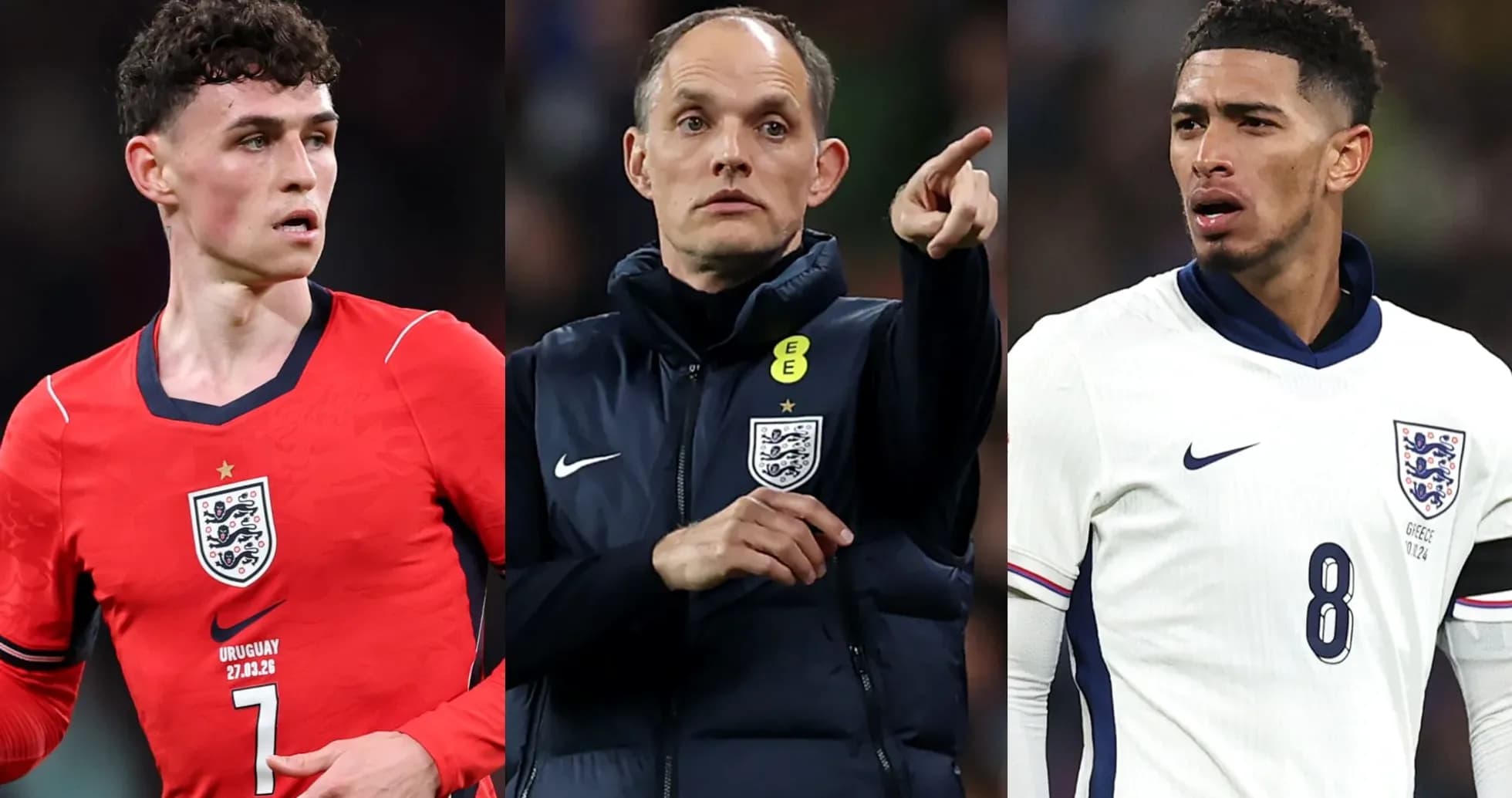 Three football players representing England in action
