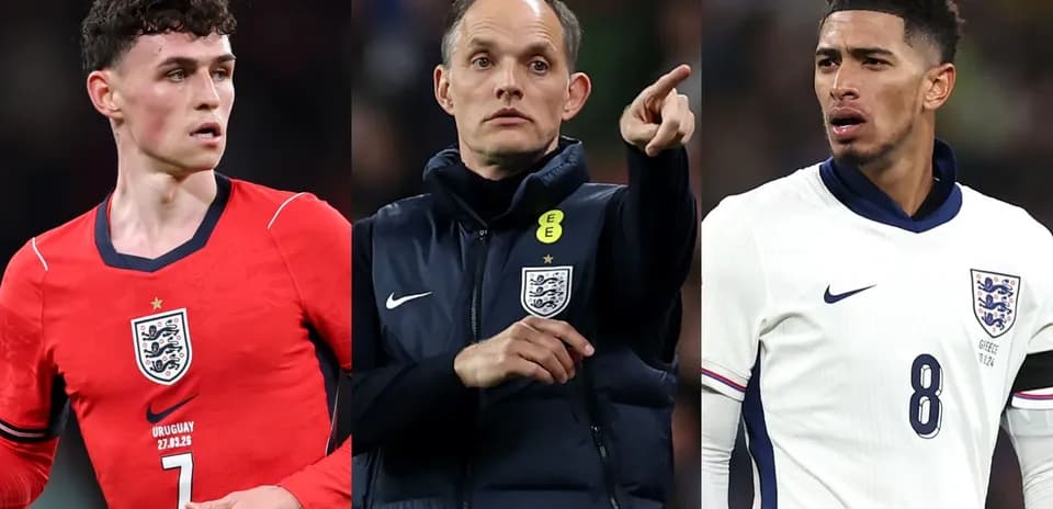 Three football players representing England in action
