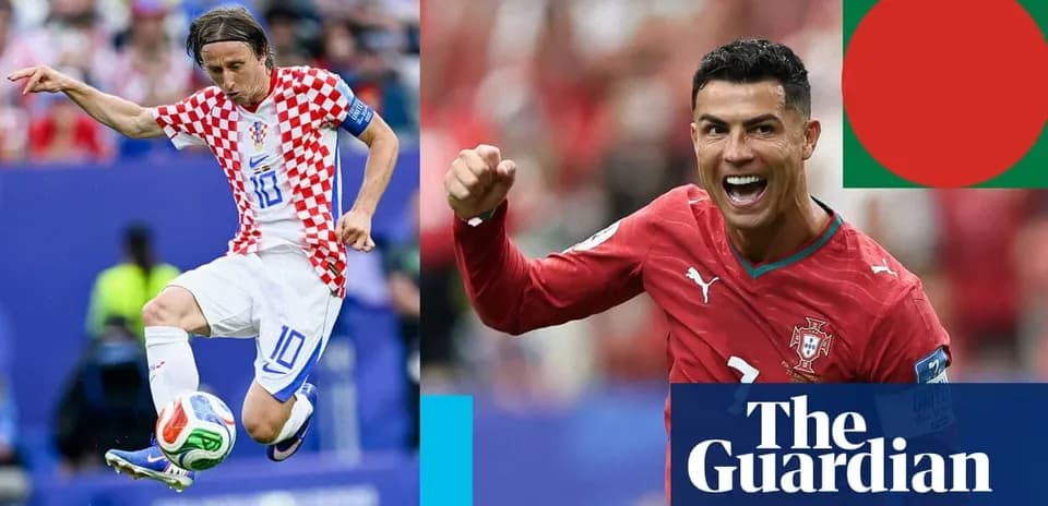 Luka Modric kicking a ball; Cristiano Ronaldo celebrating