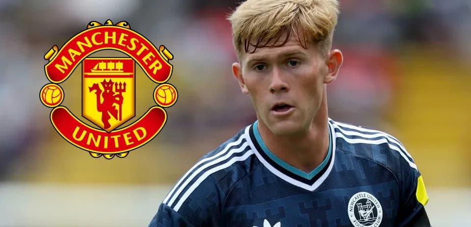 Player in action with Manchester United logo background
