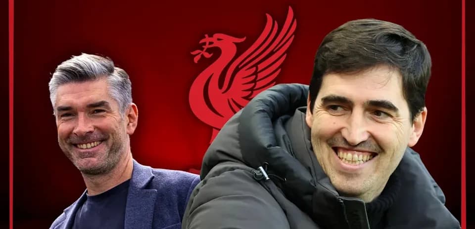 Two football managers smiling with Liverpool logo background
