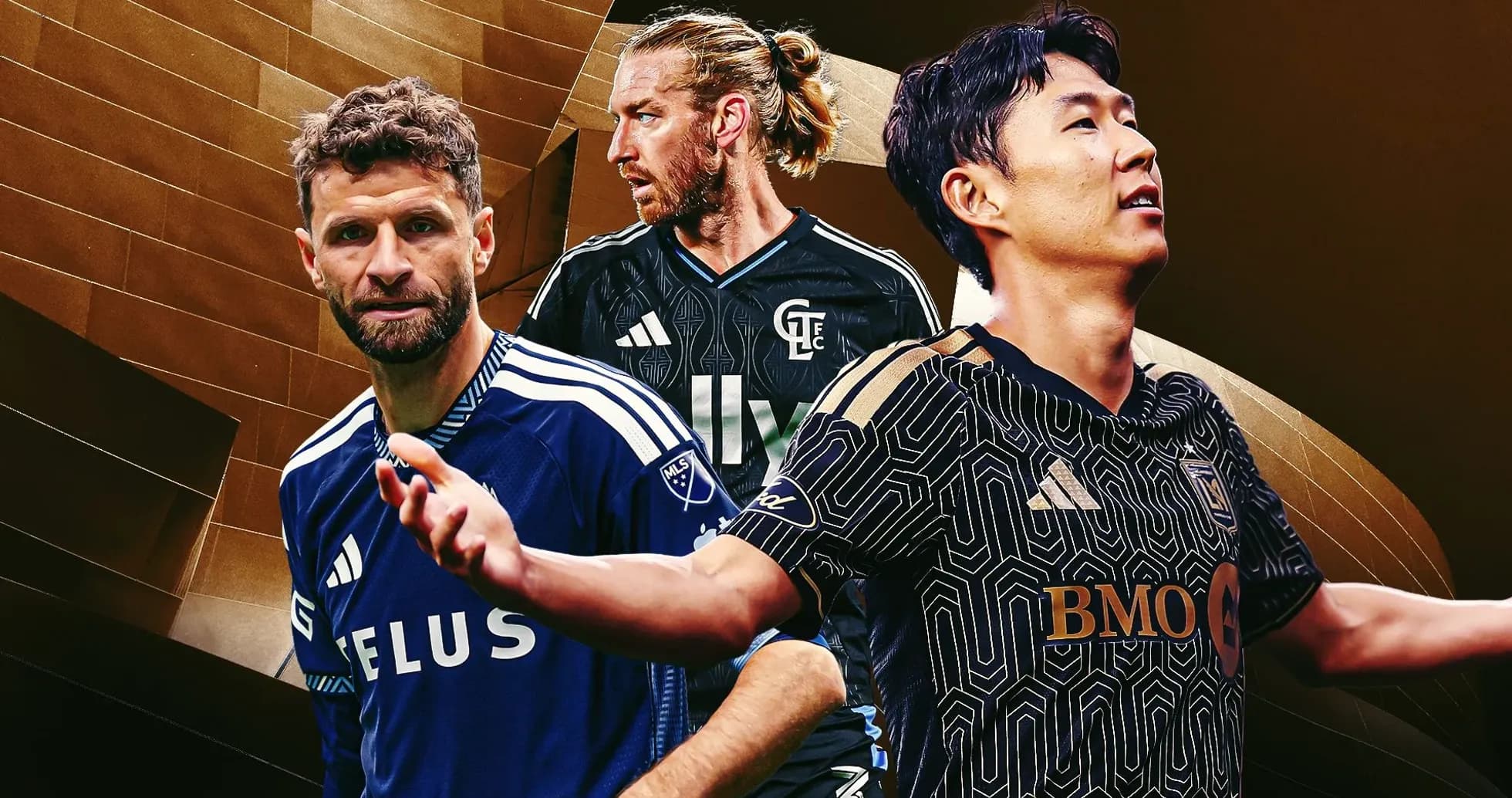 Three soccer players in team jerseys posing together