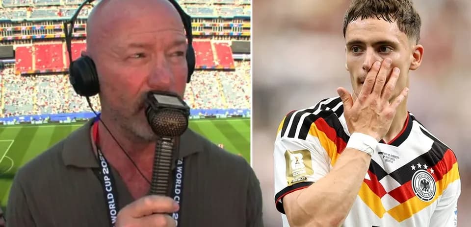 Commentator speaking with microphone and player in action