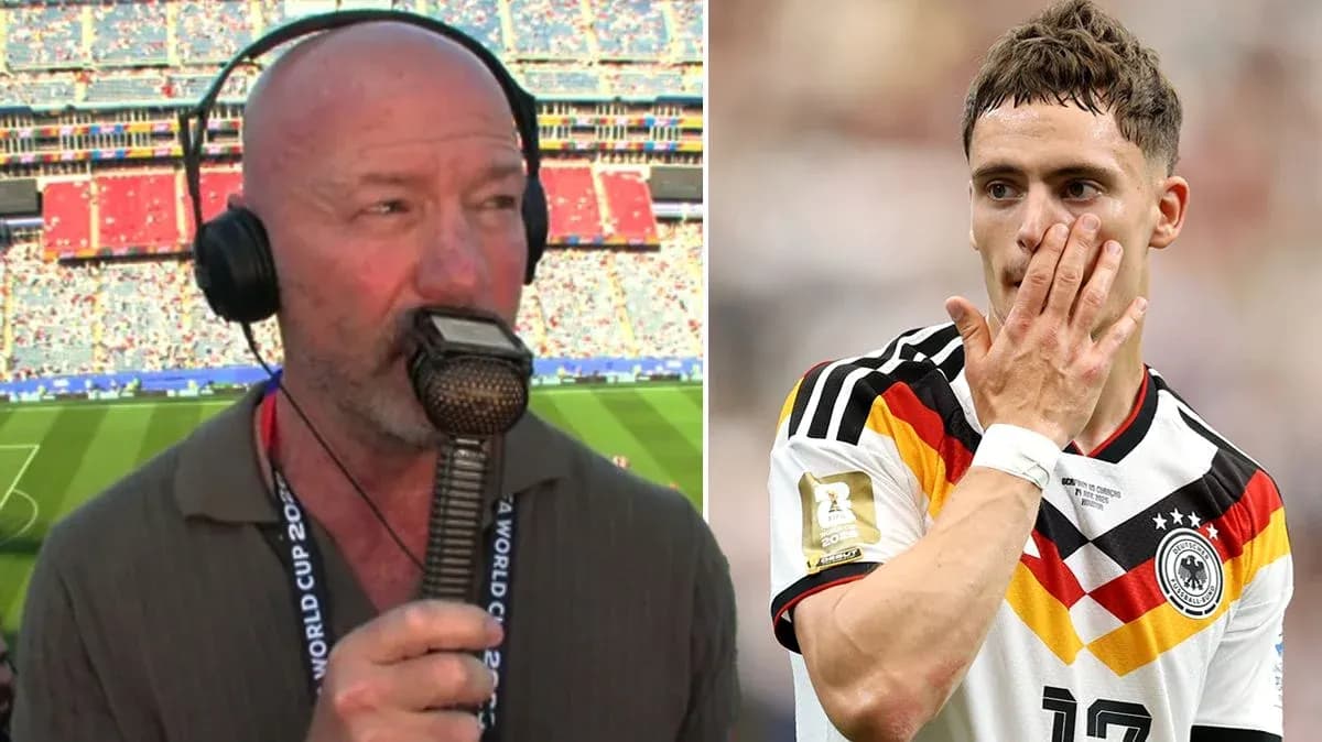 Commentator speaking with microphone and player in action