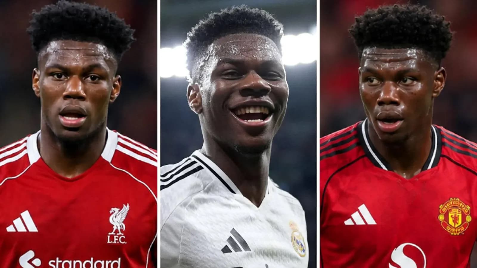 Football player in three club jerseys: Liverpool, Real Madrid, Manchester United