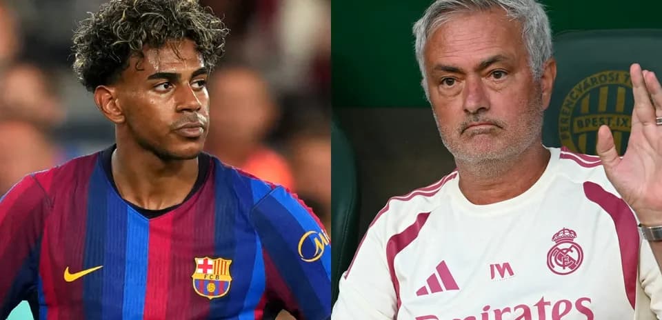 Barcelona player and coach Jose Mourinho in split image