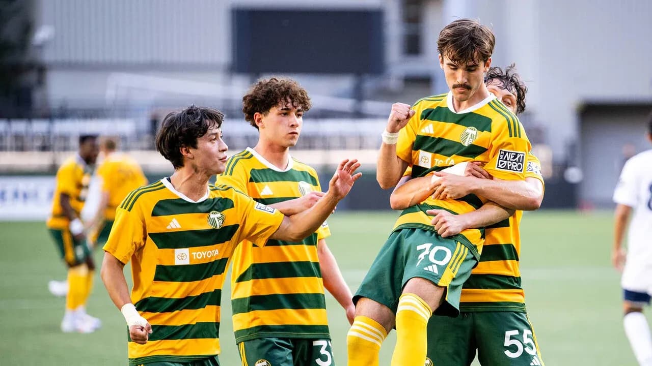 Portland Timbers II players celebrating a goal