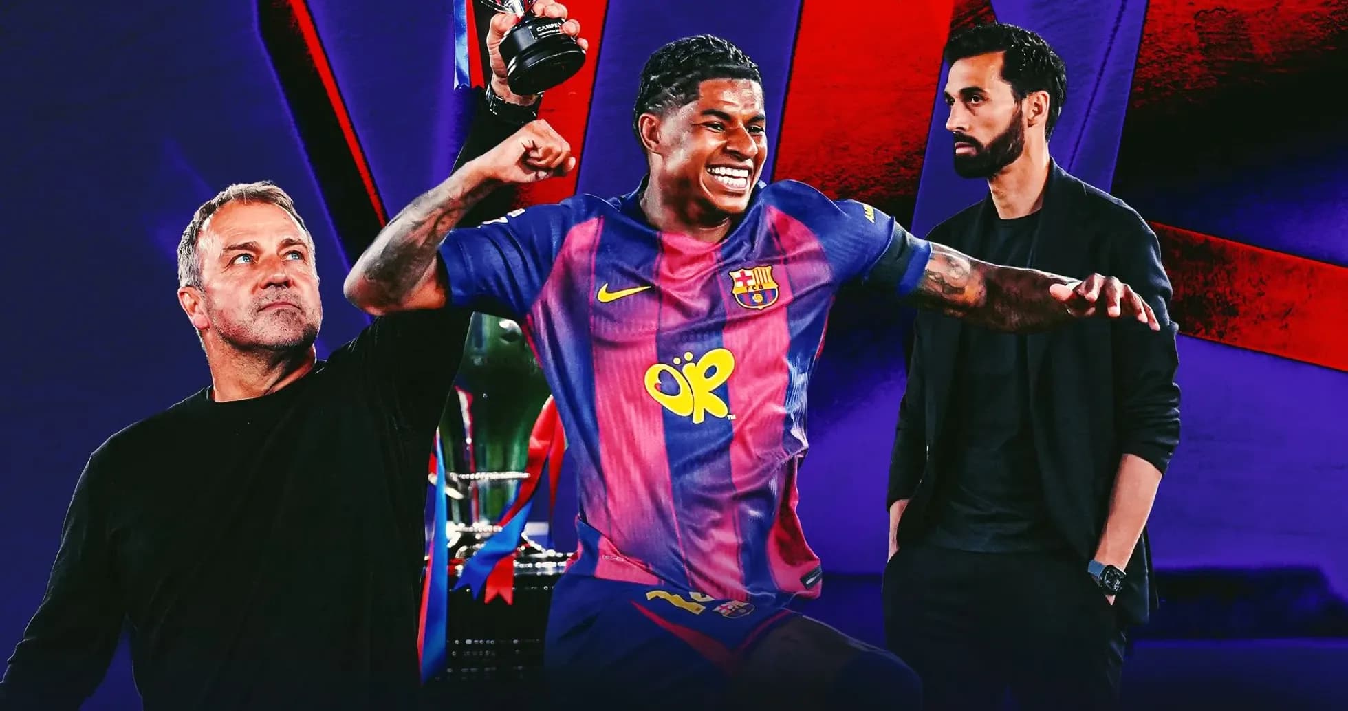 Barcelona player celebrating with trophy and coaches
