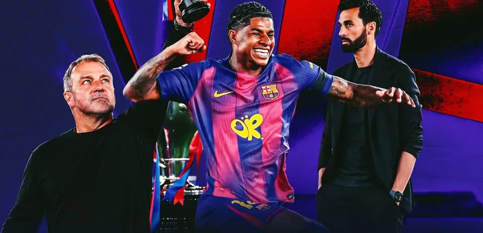 Barcelona player celebrating with trophy and coaches