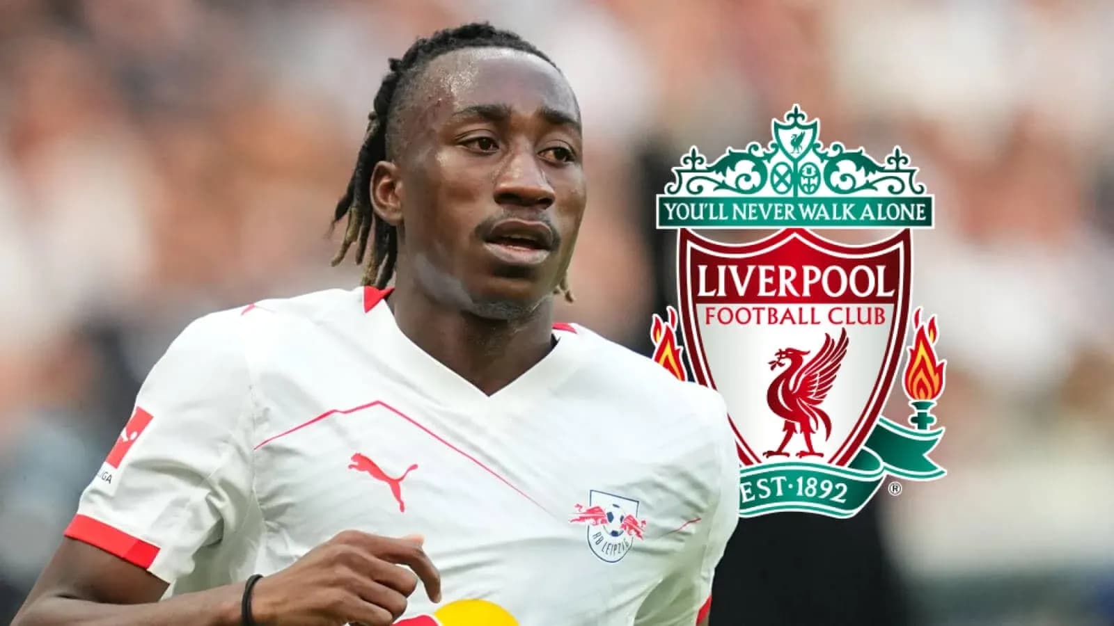 Player running with ball alongside Liverpool FC logo