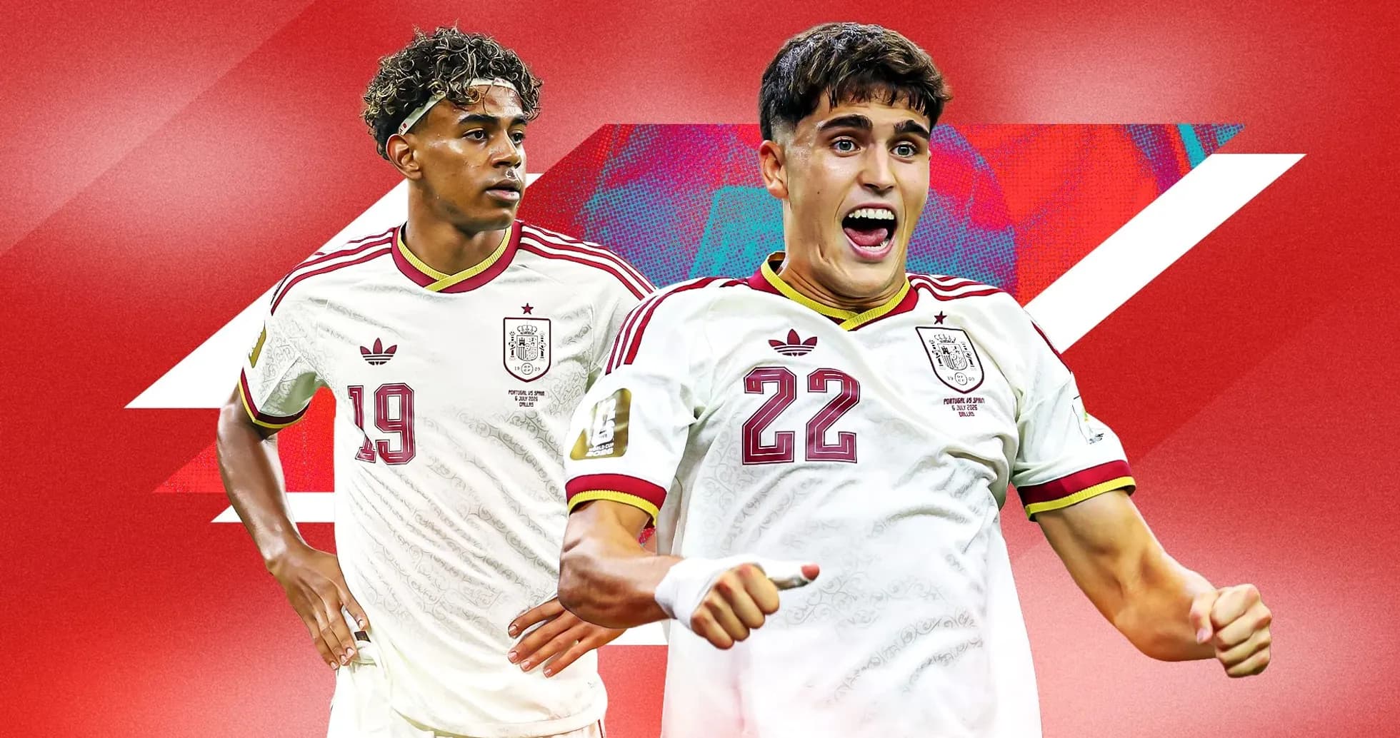 Two Spanish football players celebrating on red background