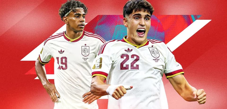 Two Spanish football players celebrating on red background