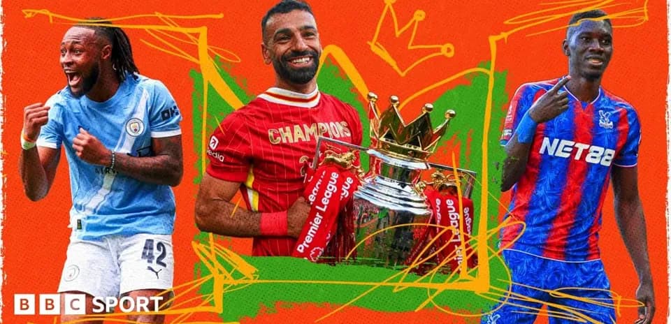 Three football players with Premier League trophy illustration
