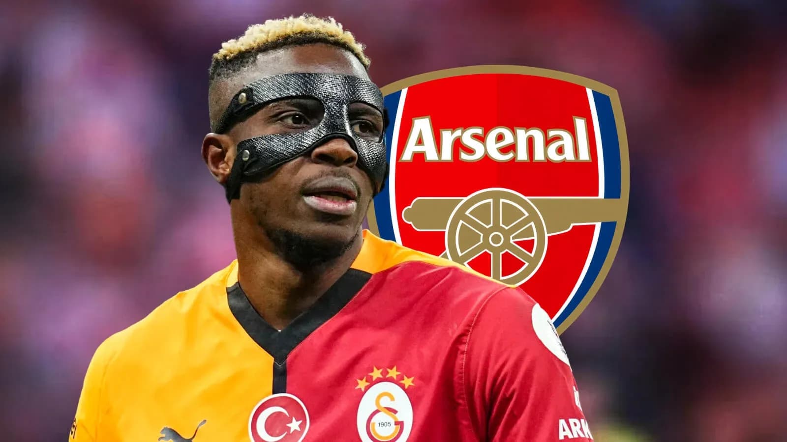 Player in Galatasaray jersey with Arsenal logo background