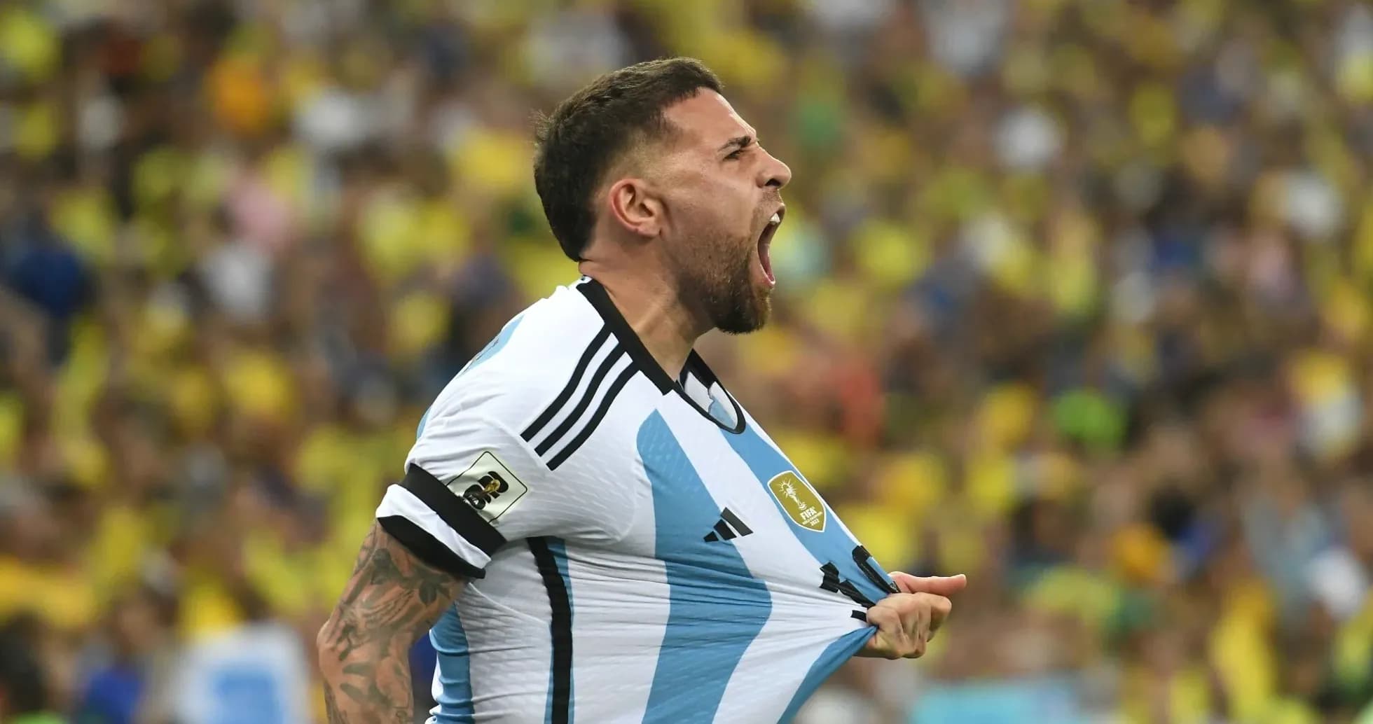 Player celebrating in Argentina jersey during match