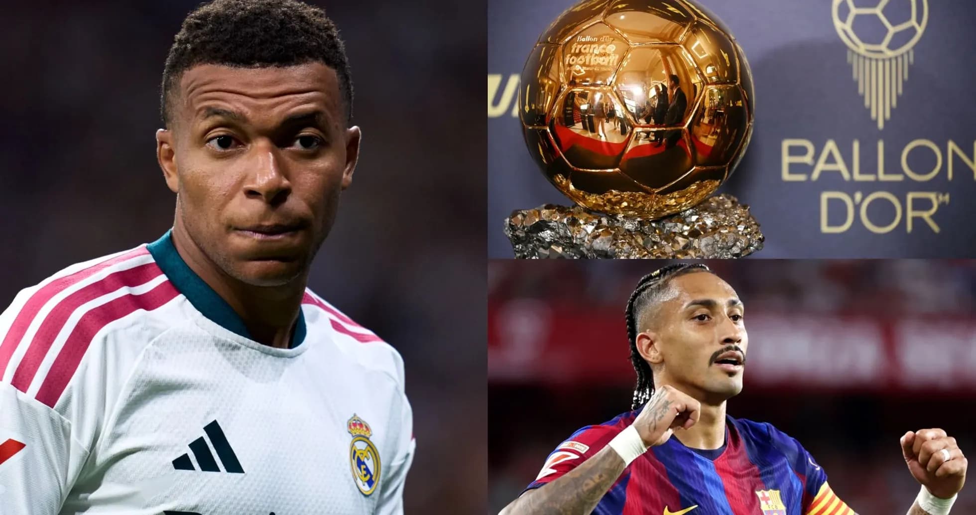 Mbappé and another player with Ballon d'Or trophy