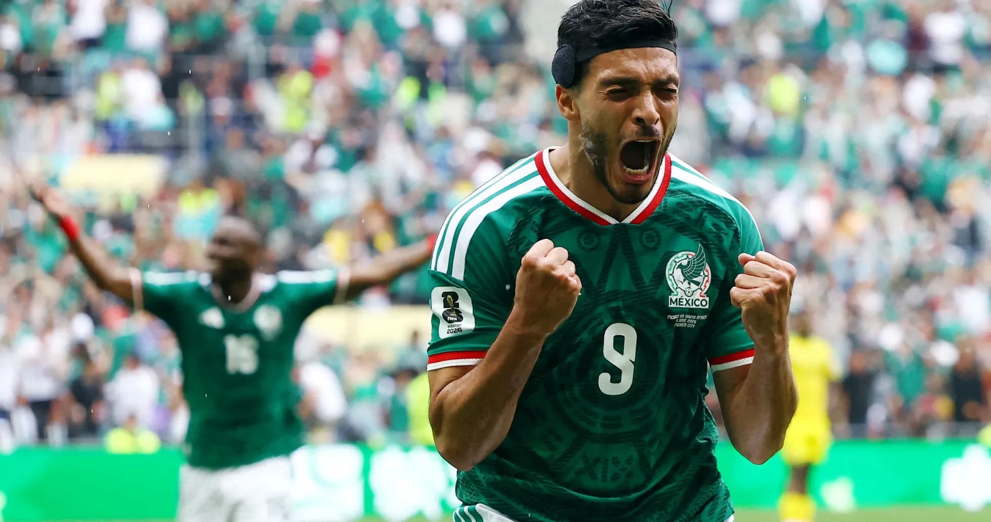 Raul Jimenez celebrating a goal for Mexico