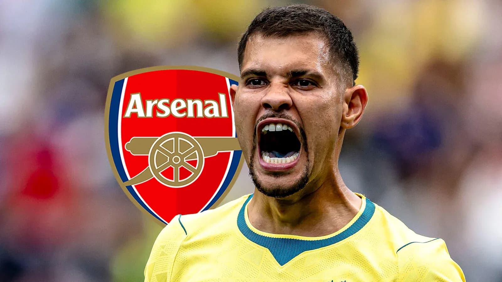 Player celebrating with Arsenal logo in background