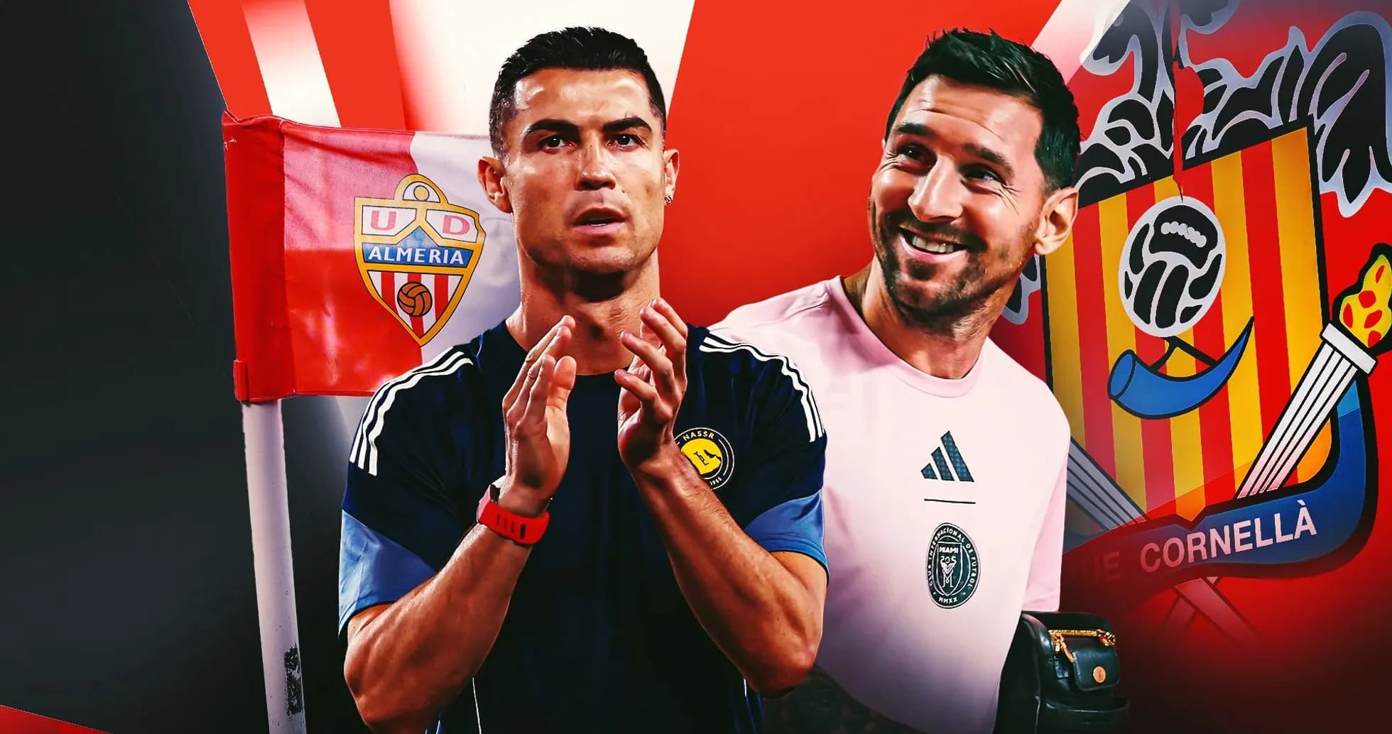 Cristiano Ronaldo and goalkeeper near team logos
