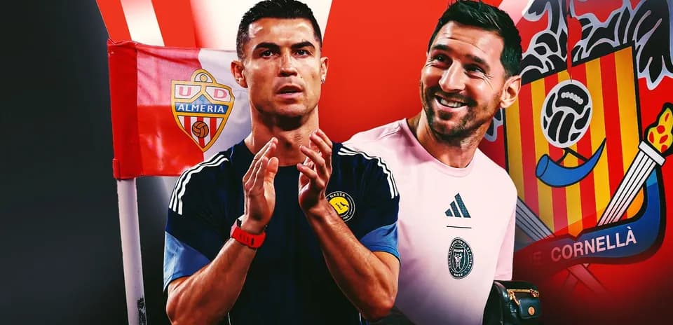 Cristiano Ronaldo and goalkeeper near team logos