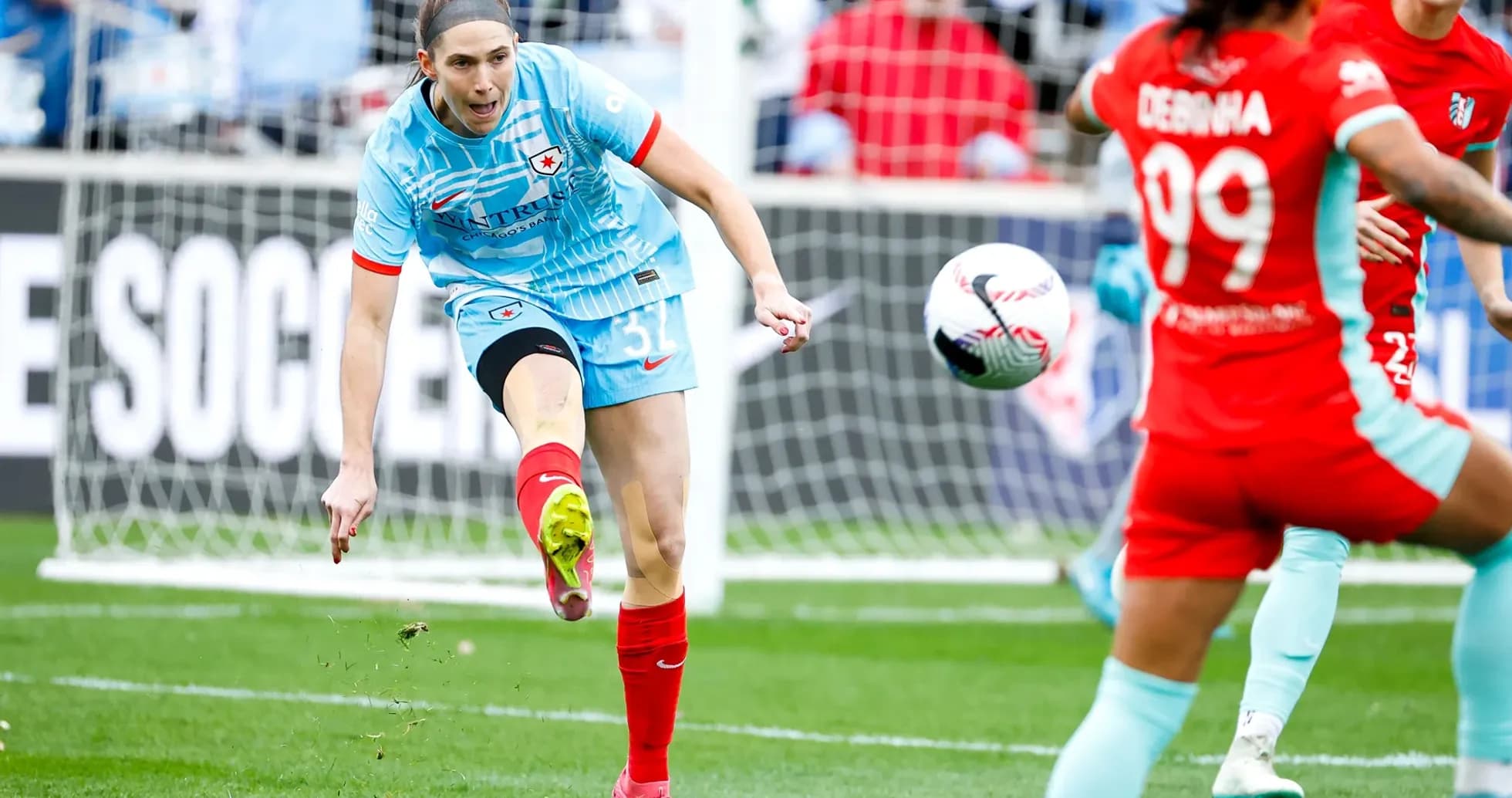 Player kicking the ball during Chicago Red Stars match