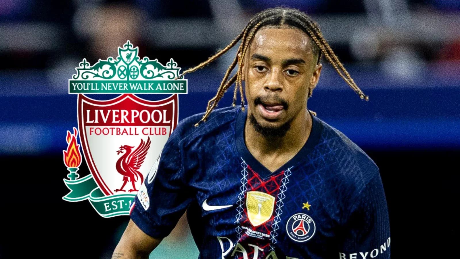 Player in PSG kit with Liverpool logo overlay
