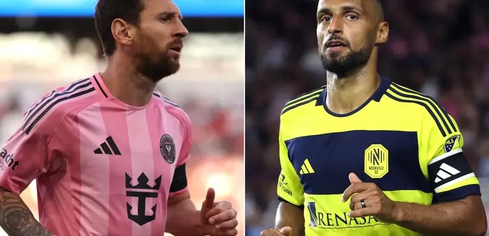 Lionel Messi and Nashville SC player in action