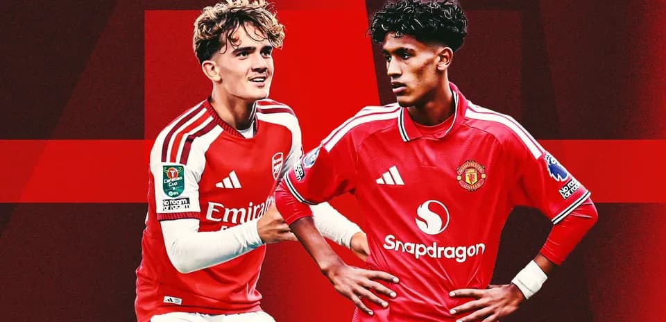 Two young footballers in Arsenal and Manchester United kits