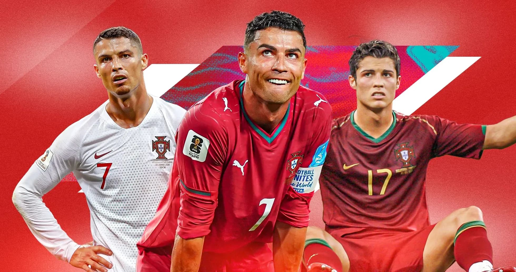 Cristiano Ronaldo in three different Portugal kits
