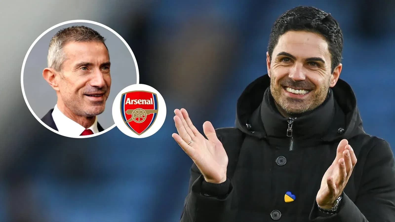 Mikel Arteta applauding with Arsenal logo in background