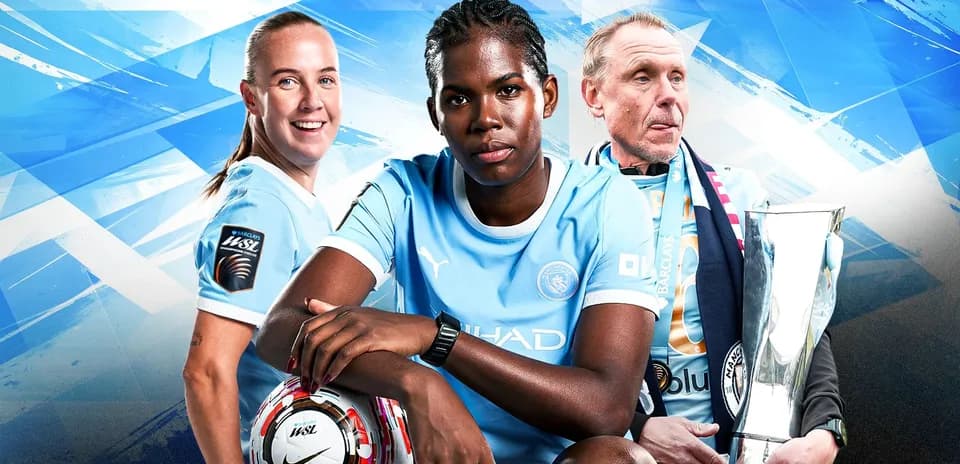 Three Manchester City players with a trophy and ball